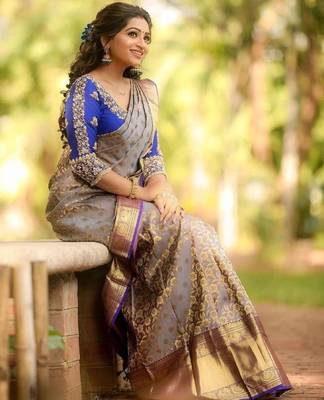 Grey blue silk blend banarasi saree with unstitched blouse piece 4