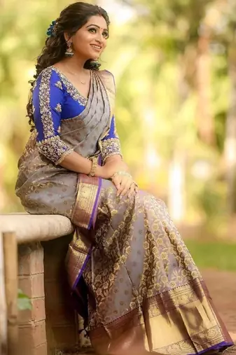 Grey blue silk blend banarasi saree with unstitched blouse piece