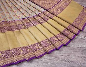 Grey blue silk blend banarasi saree with unstitched blouse piece 5