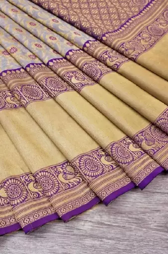 Grey blue silk blend banarasi saree with unstitched blouse piece