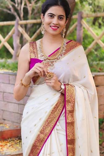 White pink soft silk blend banarasi jacuard work designer party wear saree with unstitched blouse piece