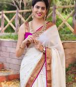 White pink silk blend banarasi saree with unstitched blouse piece