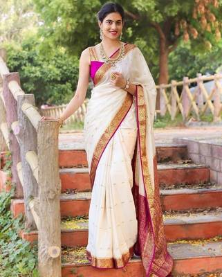 White pink silk blend banarasi saree with unstitched blouse piece 2