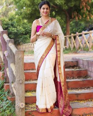 White pink silk blend banarasi saree with unstitched blouse piece 4