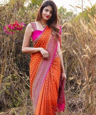 Orange silk blend banarasi saree with unstitched blouse piece 1