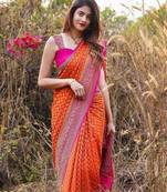 Orange soft silk blend banarasi jacuard work designer party wear saree with unstitched blouse piece