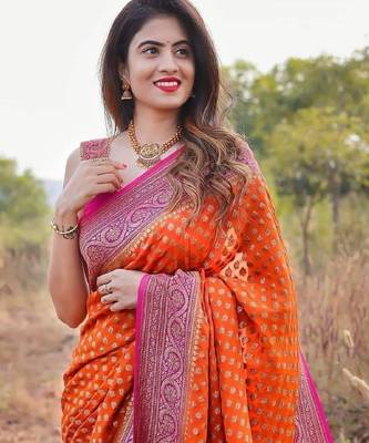 Orange silk blend banarasi saree with unstitched blouse piece 2