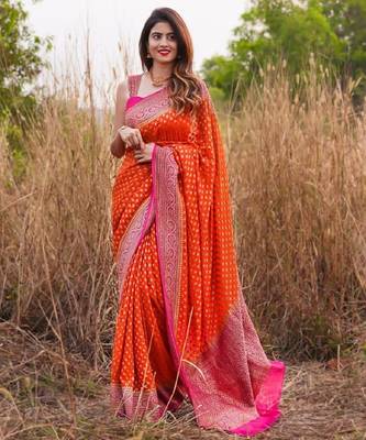 Orange silk blend banarasi saree with unstitched blouse piece 3