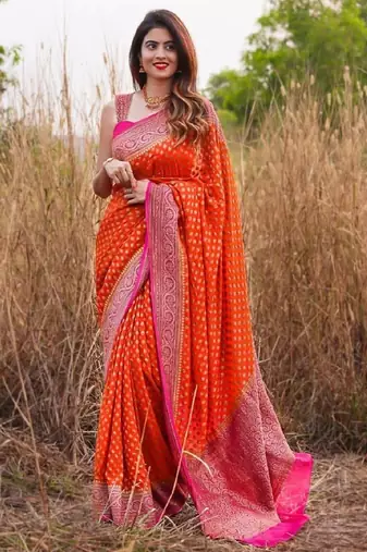 Orange silk blend banarasi saree with unstitched blouse piece