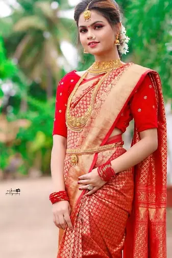 Red soft silk blend banarasi jacuard work designer party wear saree with unstitched blouse piece