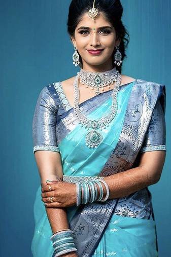 Blue rama soft silk blend banarasi jacuard work designer party wear saree with unstitched blouse piece