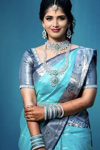 Blue rama soft silk blend banarasi jacuard work designer party wear saree with unstitched blouse piece