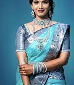 Blue rama silk blend banarasi saree with unstitched blouse piece