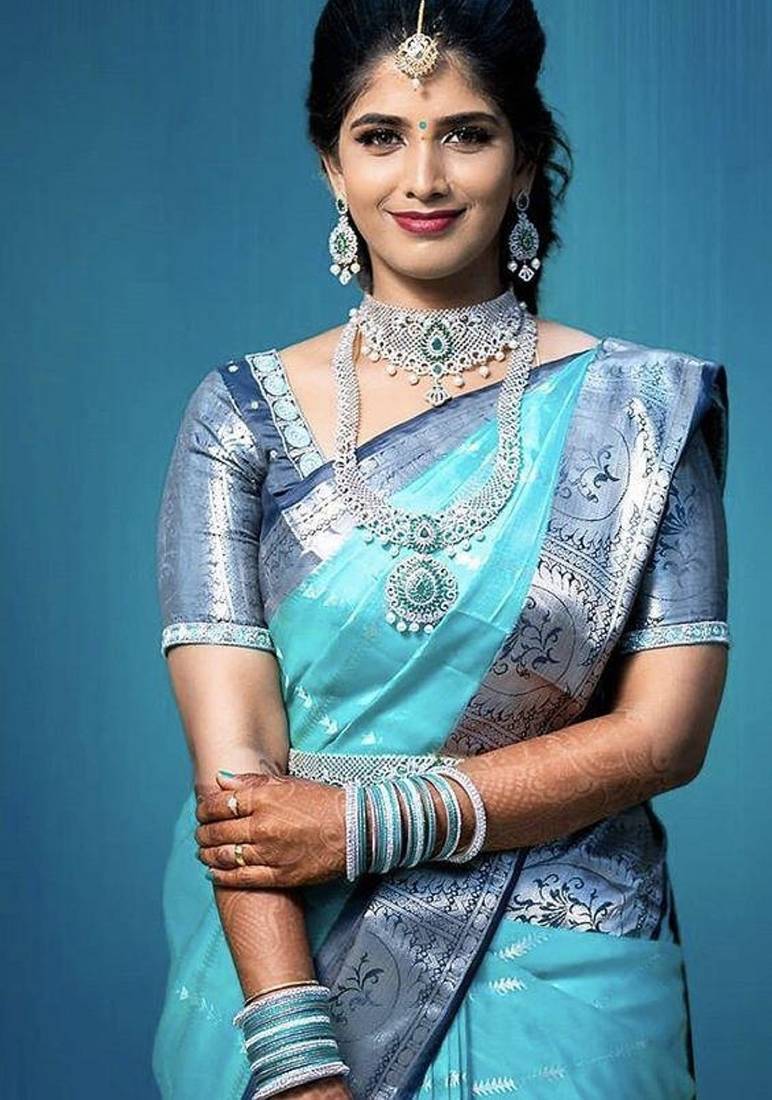 Blue rama soft silk blend banarasi jacuard work designer party wear saree with unstitched blouse piece