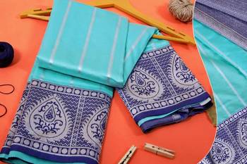 Blue rama silk blend banarasi saree with unstitched blouse piece 3