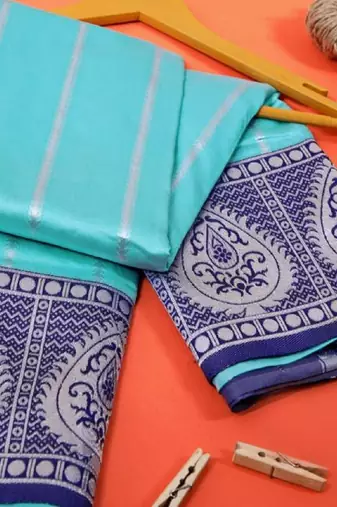 Blue rama silk blend banarasi saree with unstitched blouse piece
