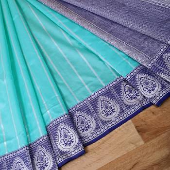 Blue rama silk blend banarasi saree with unstitched blouse piece 4