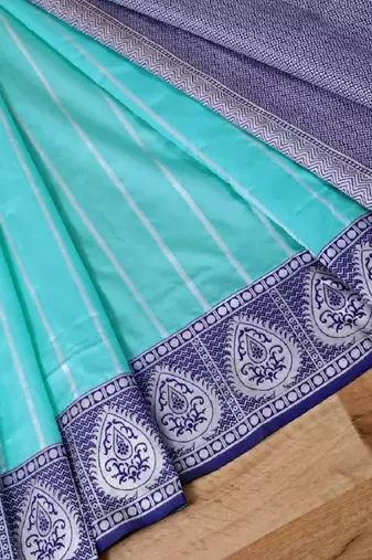 Blue rama silk blend banarasi saree with unstitched blouse piece