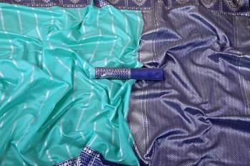 Blue rama silk blend banarasi saree with unstitched blouse piece 5