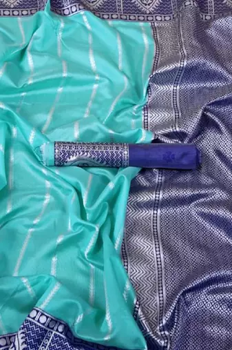 Blue rama silk blend banarasi saree with unstitched blouse piece