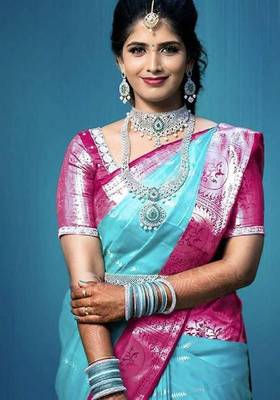 Wine rama silk blend banarasi saree with unstitched blouse piece 1