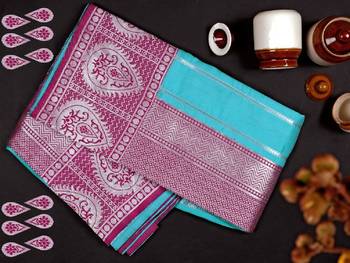 Wine rama silk blend banarasi saree with unstitched blouse piece 3