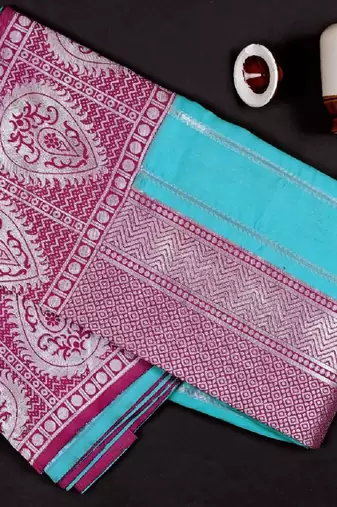 Wine rama silk blend banarasi saree with unstitched blouse piece