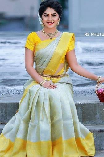 White yellow soft silk blend banarasi jacuard work designer party wear saree with unstitched blouse piece