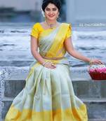 White yellow soft silk blend banarasi jacuard work designer party wear saree with unstitched blouse piece
