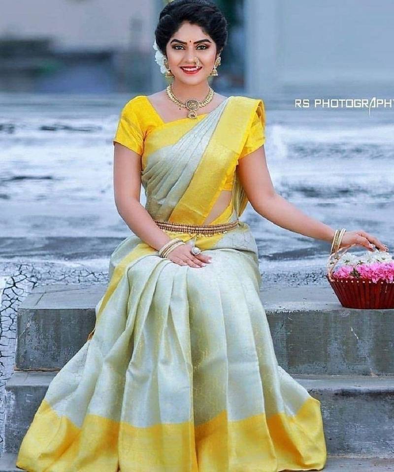 White yellow soft silk blend banarasi jacuard work designer party wear saree with unstitched blouse piece