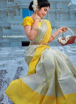 White yellow silk blend banarasi saree with unstitched blouse piece 2