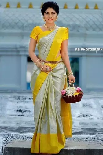 White yellow silk blend banarasi saree with unstitched blouse piece