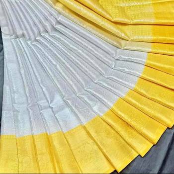 White yellow silk blend banarasi saree with unstitched blouse piece 4