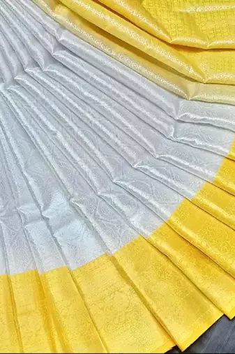 White yellow silk blend banarasi saree with unstitched blouse piece