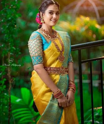 Yellow rama silk blend banarasi saree with unstitched blouse piece 1