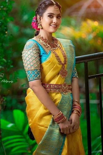 Yellow rama soft silk blend banarasi jacuard work designer party wear saree with unstitched blouse piece