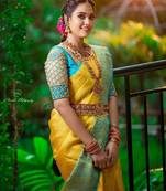 Yellow rama silk blend banarasi saree with unstitched blouse piece