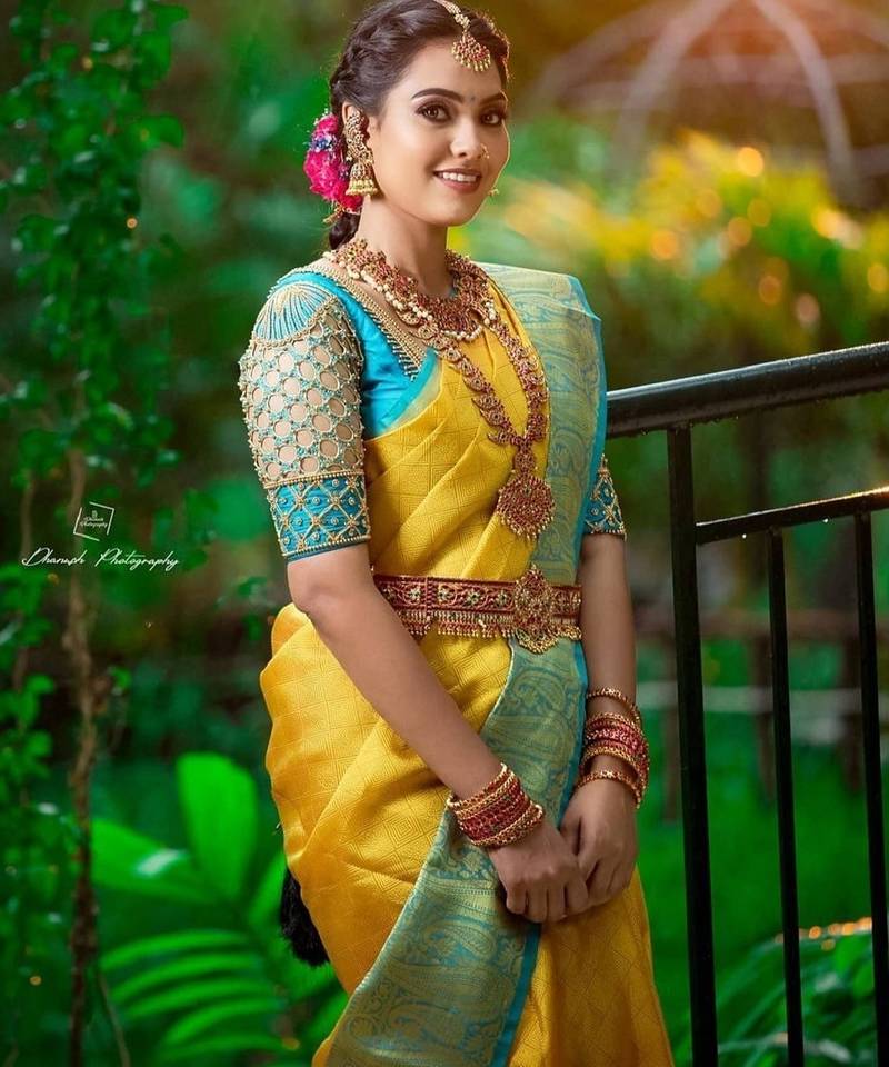 Yellow rama soft silk blend banarasi jacuard work designer party wear saree with unstitched blouse piece