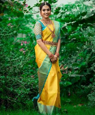 Yellow rama silk blend banarasi saree with unstitched blouse piece 2