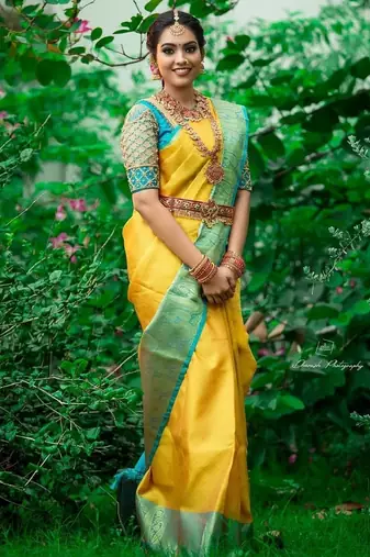 Yellow rama silk blend banarasi saree with unstitched blouse piece
