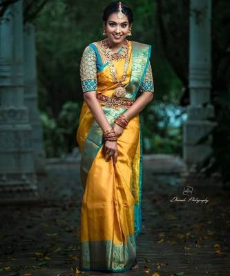 Yellow rama silk blend banarasi saree with unstitched blouse piece 3