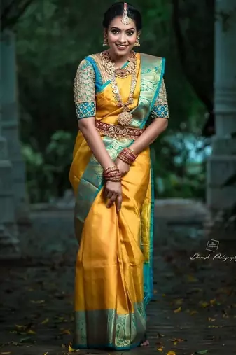 Yellow rama silk blend banarasi saree with unstitched blouse piece