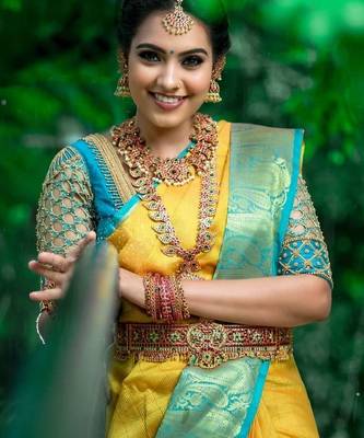 Yellow rama silk blend banarasi saree with unstitched blouse piece 4