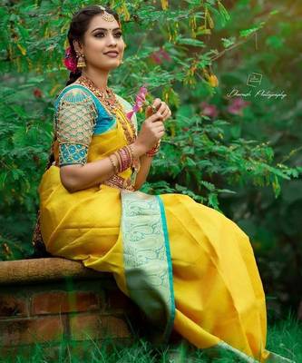 Yellow rama silk blend banarasi saree with unstitched blouse piece 5