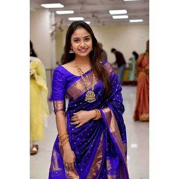 Blue silk blend banarasi saree with unstitched blouse piece 1