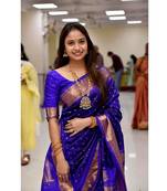 Blue silk blend banarasi saree with unstitched blouse piece