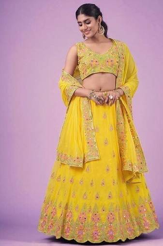 Yellow Georgette Embroidered Lehenga Choli Set