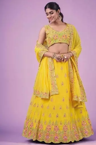 Yellow Georgette Embroidered Lehenga Choli Set