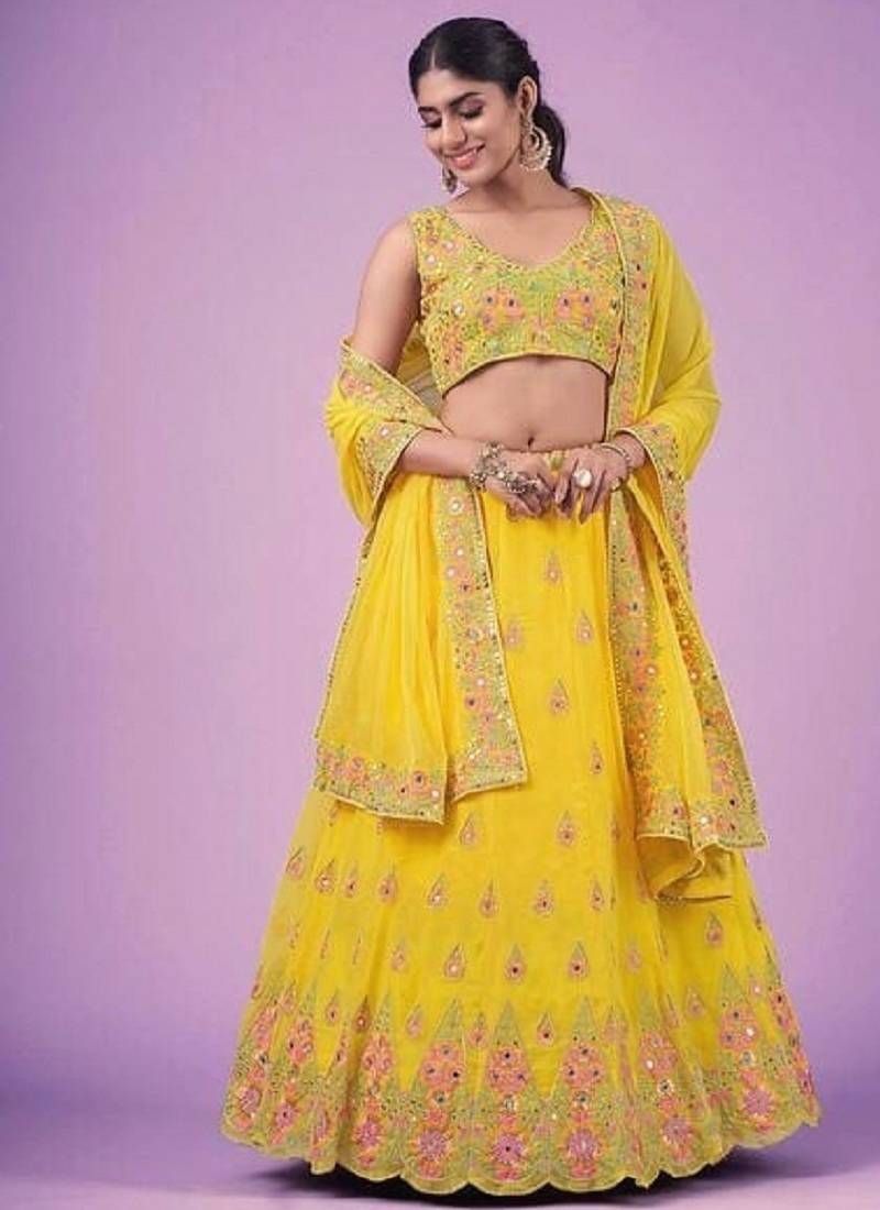 Yellow Georgette Embroidered Lehenga Choli Set