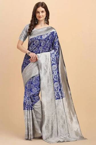 Blue grey soft silk blend banarasi jacuard work designer party wear saree with unstitched blouse piece